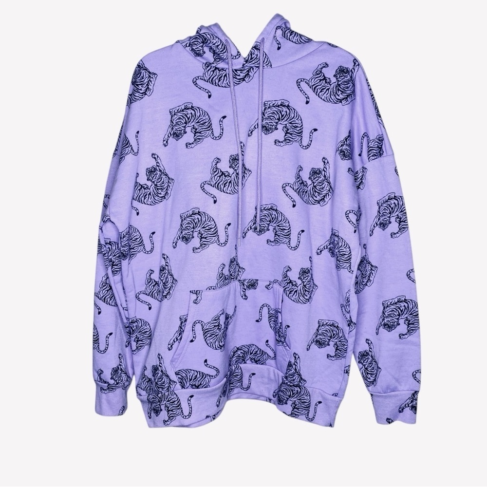 Purple Tiger Print Men's Fleece Hoodie Size L Large